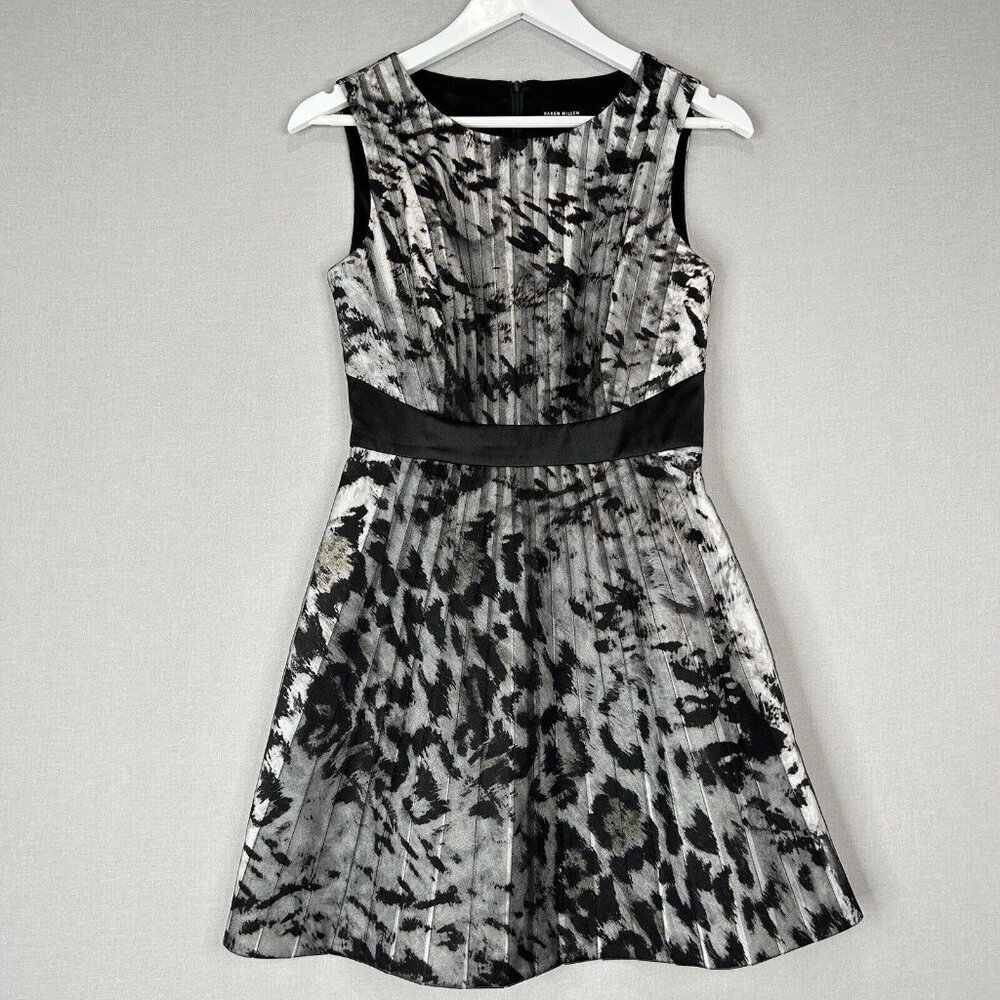 Karen Millen Womens Dress 6 Black‎ Pleated Mesh Animal Print Fit Flare Cocktail